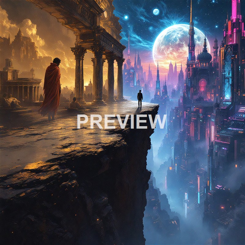A person standing on the edge of a crumbling ancient-looking structure with classical columns, overlooking a futuristic cityscape with tall, illuminated skyscrapers and a large glowing moon in the sky.